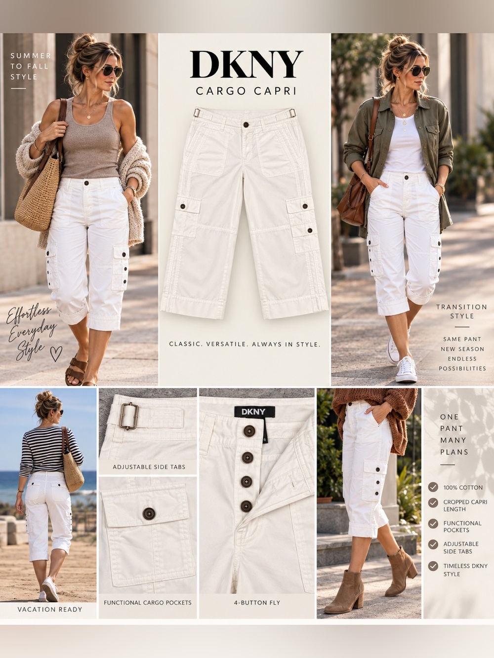 DKNY White Cargo Capri Pants Size 6 Y2K Utility Pocket Cotton
